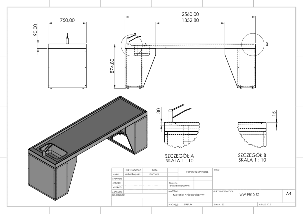 Rysunek techniczny – Stół do kosmetyki pośmiertnej – PR10