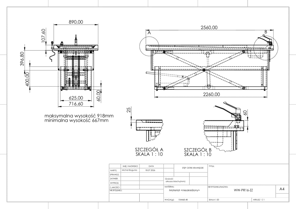 Rysunek techniczny – Stół do kosmetyki pośmiertnej – PR16