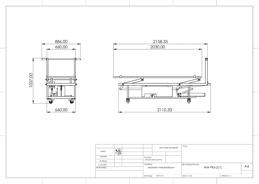Rysunek techniczny – Hydrauliczny wózek na zwłoki (bez tacy) – PR5